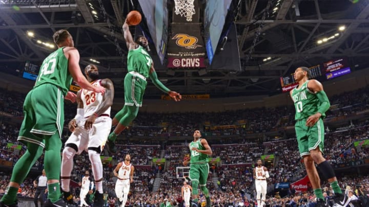 CLEVELAND, OH - OCTOBER 17: Jaylen Brown #7 of the Boston Celtics dunks the ball against the Cleveland Cavaliers on October 17, 2017 at Quicken Loans Arena in Cleveland, Ohio. NOTE TO USER: User expressly acknowledges and agrees that, by downloading and/or using this Photograph, user is consenting to the terms and conditions of the Getty Images License Agreement. Mandatory Copyright Notice: Copyright 2017 NBAE (Photo by David Jesse D. Garrabrant/NBAE via Getty Images)