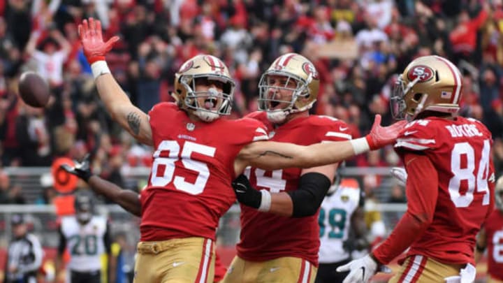 SANTA CLARA, CA – DECEMBER 24: George Kittle #85 of the San Francisco 49ers celebrates after scoring on an eight-yard touchdown catch against the Jacksonville Jaguars during their NFL game at Levi’s Stadium on December 24, 2017, in Santa Clara, California. (Photo by Robert Reiners/Getty Images)