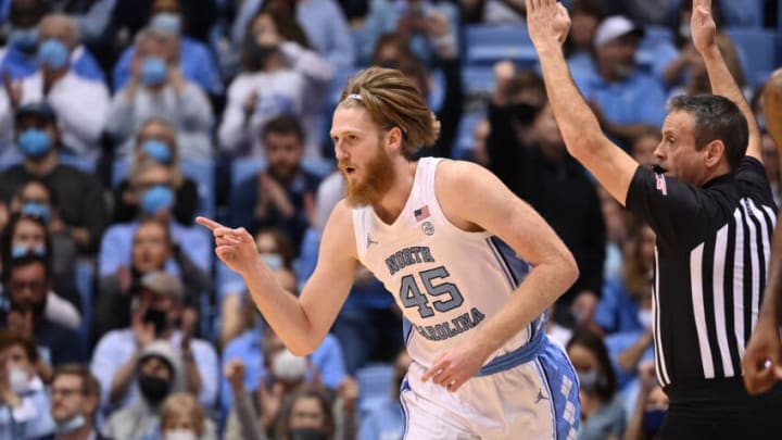 Feb 21, 2022; Chapel Hill, North Carolina, USA; North Carolina Tar Heels forward Brady Manek (45) signals to a teammate after making a three point basket in the first half at Dean E. Smith Center. Mandatory Credit: Bob Donnan-USA TODAY Sports