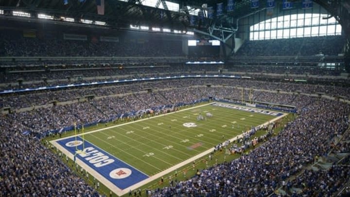 Sep 8, 2013; Indianapolis, IN, USA; General view of Lucas Oil Stadium during the NFL game between the Oakland Raiders and the Indianapolis Colts. Mandatory Credit: Kirby Lee-USA TODAY Sports