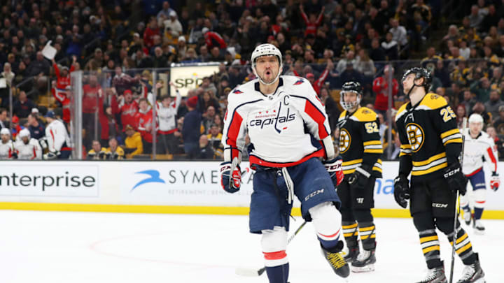 BOSTON, MASSACHUSETTS - JANUARY 10: Alex Ovechkin #8 of the Washington Capitals celebrates after scoring a goal against the Boston Bruins during the second period at TD Garden on January 10, 2019 in Boston, Massachusetts. (Photo by Maddie Meyer/Getty Images)