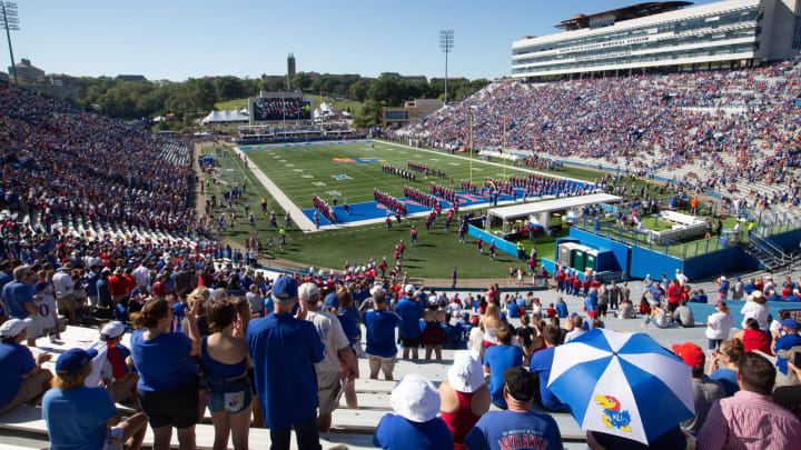 A sold-out crowd begins to fill up David Booth Kansas Memorial Stadium to watch their Jayhawks take on Duke Saturday morning.