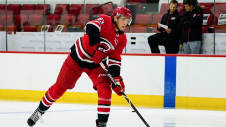 RALEIGH, NC – JUNE 30: Carolina Hurricanes David Cotton (83) warms up during the Canes Prospect Game at the PNC Arena in Raleigh, NC on June 30, 2018. (Photo by Greg Thompson/Icon Sportswire via Getty Images)