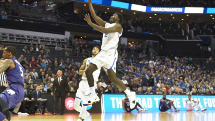 CHARLOTTE, NC – MARCH 16: Khyri Thomas #2 of the Creighton Bluejays drives to the basket during the first round of the 2018 NCAA Men’s Basketball Tournament against the Kansas State Wildcats at the Spectrum Center on March 16, 2018 in Charlotte, North Carolina. The Wildcats won 69-59. Photo by Mitchell Layton/Getty Images) *** Local Caption *** Khyri Thomas