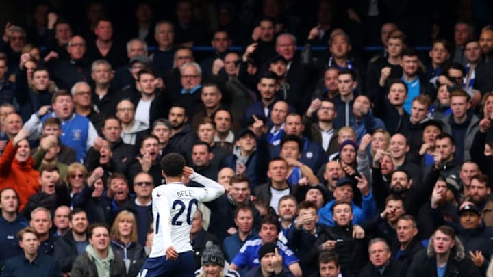 LONDON, ENGLAND - APRIL 01: Dele Alli of Tottenham Hotspur celebrates after scoring his sides second goal during the Premier League match between Chelsea and Tottenham Hotspur at Stamford Bridge on April 1, 2018 in London, England. (Photo by Catherine Ivill/Getty Images)