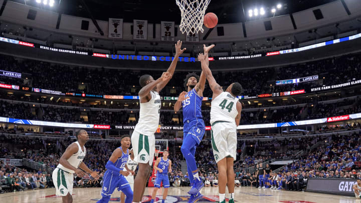 CHICAGO, IL – NOVEMBER 14: Duke Blue Devils forward Marvin Bagley III (35) battles with Michigan State Spartans forward Nick Ward (44) and Michigan State Spartans forward Jaren Jackson Jr. (2) during the State Farm Classic Champions Classic game between the Duke Blue Devils and the Michigan State Spartans on November 14, 2017, at the United Center in Chicago, IL. (Photo by Robin Alam/Icon Sportswire via Getty Images)