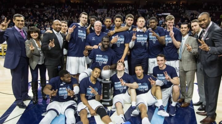 Mar 5, 2016; Villanova, PA, USA; The Villanova Wildcats pose for a photo with their Big East regular season championship trophy after defeating the Georgetown Hoyas 84-71 at Wells Fargo Center. Mandatory Credit: Bill Streicher-USA TODAY Sports