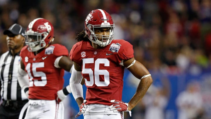 Dec 31, 2016; Atlanta, GA, USA; Alabama Crimson Tide linebacker Tim Williams (56) during the first quarter of the 2016 CFP Semifinal against the Washington Huskies at the Georgia Dome. Alabama defeated Washington 24-7. Mandatory Credit: Jason Getz-USA TODAY Sports