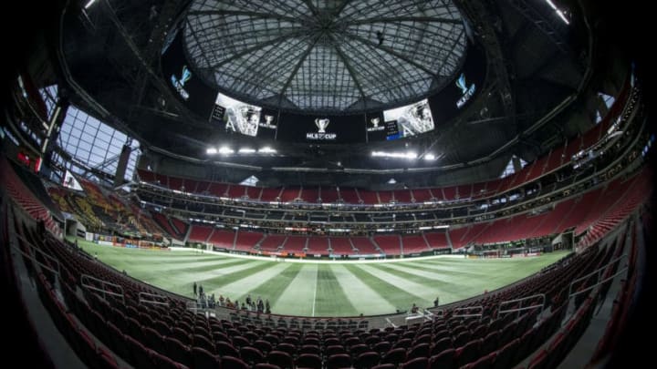 ATLANTA, GA - DECEMBER 08: A wide view of the pitch from the stands of Mercedes Benz Stadium just prior to the start of the 2018 Audi MLS Cup Championship match between Atlanta United and the Portland Timbers at the Mercedes Benz Stadium on December 08, 2018 in Atlanta, GA. (Photo by Ira L. Black/Corbis via Getty Images)