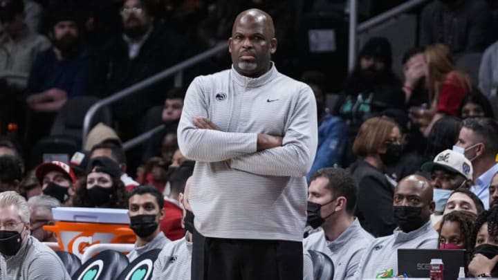 Feb 8, 2022; Atlanta, Georgia, USA; Atlanta Hawks head coach Nate McMillan on the bench against the Indiana Pacers during the second half at State Farm Arena. Mandatory Credit: Dale Zanine-USA TODAY Sports