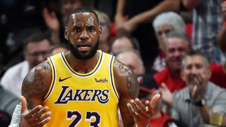 PORTLAND, OR - OCTOBER 18: LeBron James #23 of the Los Angeles Lakers reacts in the second quarter of their game against the Portland Trail Blazers at Moda Center on October 18, 2018 in Portland, Oregon. NOTE TO USER: User expressly acknowledges and agrees that, by downloading and or using this photograph, User is consenting to the terms and conditions of the Getty Images License Agreement. (Photo by Steve Dykes/Getty Images)
