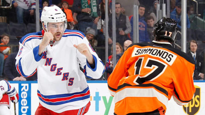 NEW YORK, NY - FEBRUARY 14: Dylan McIlrath #6 of the New York Rangers squares off against Wayne Simmonds #17 of the Philadelphia Flyers in the first period at Madison Square Garden on February 14, 2016 in New York City. (Photo by Jared Silber/NHLI via Getty Images)