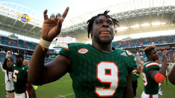 MIAMI GARDENS, FL – NOVEMBER 18: Chad Thomas #9 of the Miami Hurricanes looks on after winning a game against the Virginia Cavaliers at Hard Rock Stadium on November 18, 2017 in Miami Gardens, Florida. (Photo by Mike Ehrmann/Getty Images)