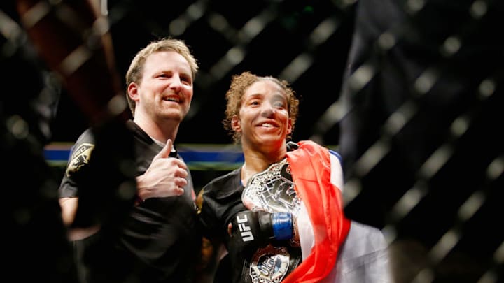 NEW YORK, NY - FEBRUARY 11: Germaine de Randamie of The Netherlands celebrates with the belt after defeating Holly Holm of United States in their UFC women's featherweight championship bout during UFC 208 at the Barclays Center on February 11, 2017 in the Brooklyn Borough of New York City. (Photo by Anthony Geathers/Getty Images)