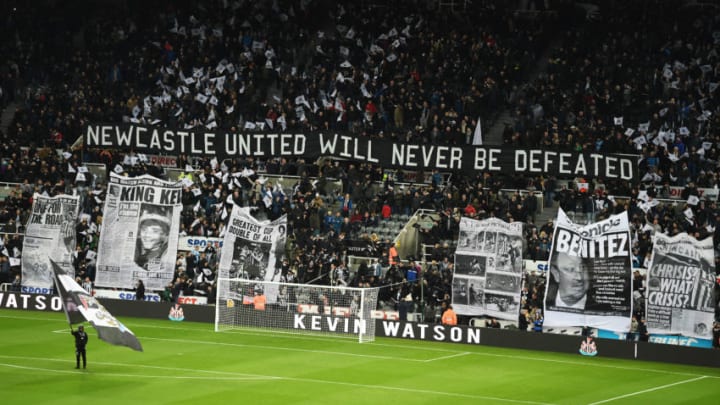 NEWCASTLE UPON TYNE, ENGLAND - DECEMBER 09: Newcastle fans hold up a banner during the Premier League match between Newcastle United and Leicester City at St. James Park on December 9, 2017 in Newcastle upon Tyne, England. (Photo by Michael Regan/Getty Images)