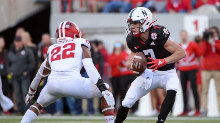 LINCOLN, NE - OCTOBER 26: Quarterback Luke McCaffrey #7 of the Nebraska Cornhuskers looks to pitch against defensive back Jamar Johnson #22 of the Indiana Hoosiers at Memorial Stadium on October 26, 2019 in Lincoln, Nebraska. (Photo by Steven Branscombe/Getty Images)