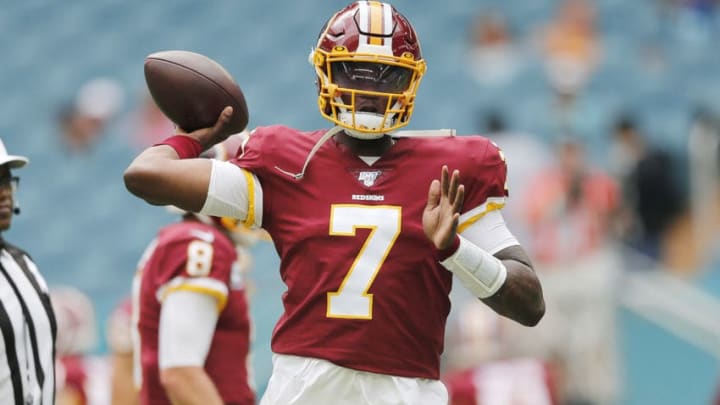 MIAMI, FLORIDA - OCTOBER 13: Dwayne Haskins #7 of the Washington Redskins warms up prior to the game against the Miami Dolphins at Hard Rock Stadium on October 13, 2019 in Miami, Florida. (Photo by Michael Reaves/Getty Images)