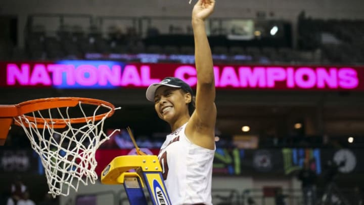 South Carolina Gamecocks guard Allisha Gray (10) waves a piece of the net after the 67-55 win over Mississippi State to win the NCAA Women's Basketball Championship on Sunday, April 2, 2017 at American Airlines Center in Dallas, Texas. (Richard W. Rodriguez/Fort Worth Star-Telegram/TNS via Getty Images)