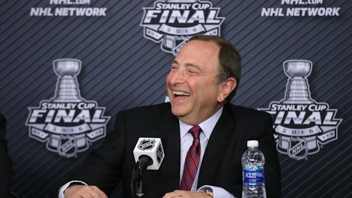 May 30, 2016; Pittsburgh, PA, USA; NHL commissioner Gary Bettman speaks at a press conference before game one of the 2016 Stanley Cup Final between the Pittsburgh Penguins and the San Jose Sharks at Consol Energy Center. Mandatory Credit: Charles LeClaire-USA TODAY Sports