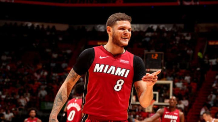 MIAMI, FL – OCTOBER 27: Tyler Johnson #8 of the Miami Heat reacts against the Portland Trail Blazers on October 27, 2018 at American Airlines Arena in Miami, Florida. NOTE TO USER: User expressly acknowledges and agrees that, by downloading and or using this Photograph, user is consenting to the terms and conditions of the Getty Images License Agreement. Mandatory Copyright Notice: Copyright 2018 NBAE (Photo by Issac Baldizon/NBAE via Getty Images)