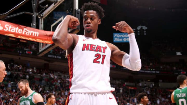 MIAMI, FL – APRIL 3: Hassan Whiteside #21 of the Miami Heat reacts to a play during the game against the Boston Celtics on April 3, 2019 at American Airlines Arena in Miami, Florida. NOTE TO USER: User expressly acknowledges and agrees that, by downloading and/or using this photograph, user is consenting to the terms and conditions of the Getty Images License Agreement. Mandatory Copyright Notice: Copyright 2019 NBAE (Photo by Issac Baldizon/NBAE via Getty Images)