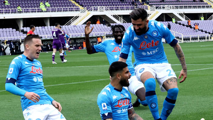 FLORENCE, ITALY - MAY 16: Lorenzo Insigne of SSC Napoli celebrates with his team mates Piotr Zielinski ,Tiemoue Bakayoko and Elseid Hysaj after scoring his goal during the Serie A match between ACF Fiorentina and SSC Napoli at Stadio Artemio Franchi on May 16, 2021 in Florence, Italy. (Photo by MB Media/Getty Images)
