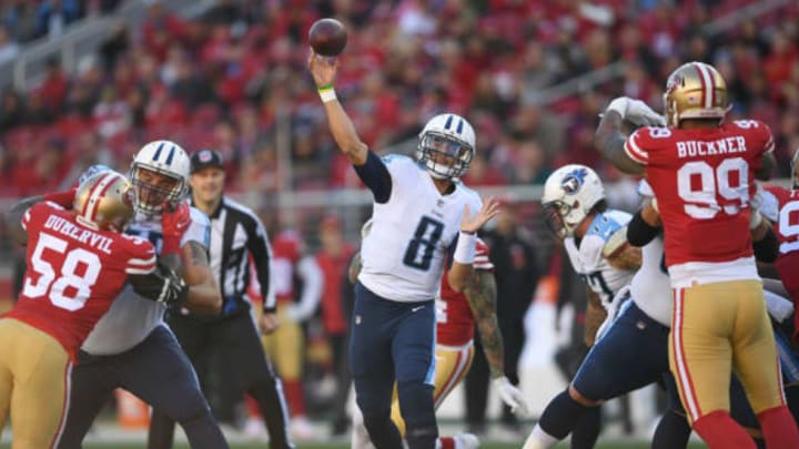 SANTA CLARA, CA – DECEMBER 17: Marcus Mariota #8 of the Tennessee Titans throws a pass against the San Francisco 49ers during their NFL football game at Levi’s Stadium on December 17, 2017 in Santa Clara, California. (Photo by Thearon W. Henderson/Getty Images)