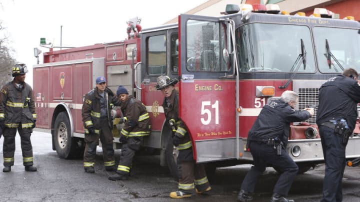 CHICAGO FIRE -- "What's Inside You" Episode 1018 -- Pictured: (l-r) Chris Mansa as Mason, Alberto Rosende as Blake Gallo, Daniel Kyri as Darren Ritter, David Eigenberg as Christopher Herrmann -- (Photo by: Adrian S. Burrows Sr./NBC)