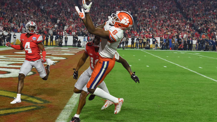 GLENDALE, ARIZONA – DECEMBER 28: Justyn Ross #8 of the Clemson Tigers attempts to catch a pass against the Ohio State Buckeyes in the first half during the College Football Playoff Semifinal at the PlayStation Fiesta Bowl at State Farm Stadium on December 28, 2019 in Glendale, Arizona. (Photo by Norm Hall/Getty Images)