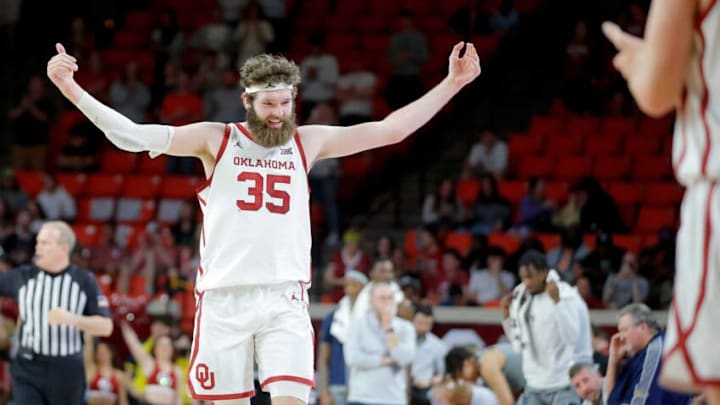 Oklahoma Sooners forward Tanner Groves (35) celebrates after a men's Big 12 basketball game between the University of Oklahoma Sooners (OU) and the West Virginia Mountaineers at Lloyd Noble Center in Norman, Okla., Tuesday, March 1, 2022. Oklahoma won 72-59.Ou Vs West Virginia