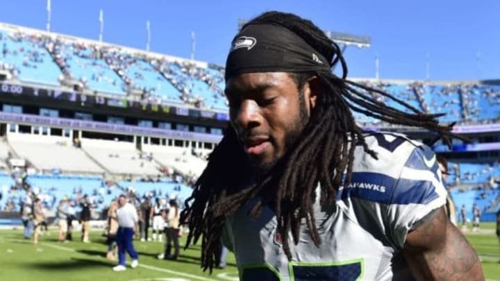Oct 26, 2014; Charlotte, NC, USA; Seattle Seahawks cornerback Richard Sherman (25) leaves the field after the game. The Seahawks defeated the Panthers 13-9 at Bank of America Stadium. Mandatory Credit: Bob Donnan-USA TODAY Sports