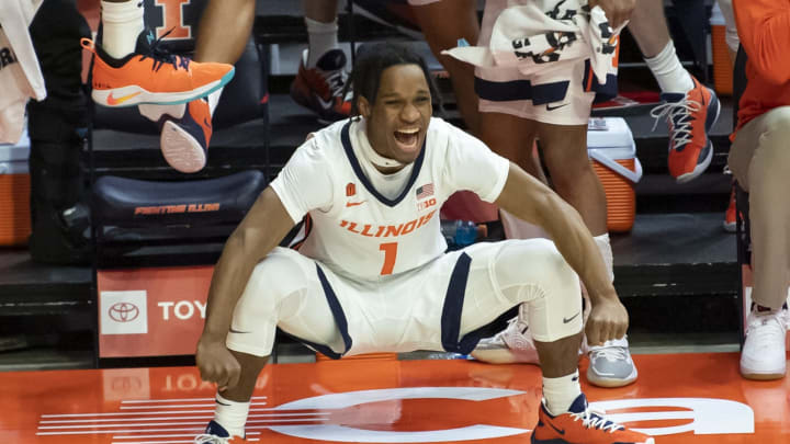 Dec 15, 2020; Champaign, Illinois, USA; Illinois Fighting Illini guard Trent Frazier (1) celebrates during the second half against the Minnesota Golden Gophers at the State Farm Center. Mandatory Credit: Patrick Gorski-USA TODAY Sports