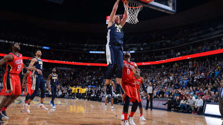 DENVER, CO - DECEMBER 15: Mason Plumlee #24 of the Denver Nuggets drives to the basket against the New Orleans Pelicans on December 15, 2017 at the Pepsi Center in Denver, Colorado. NOTE TO USER: User expressly acknowledges and agrees that, by downloading and/or using this Photograph, user is consenting to the terms and conditions of the Getty Images License Agreement. Mandatory Copyright Notice: Copyright 2017 NBAE (Photo by Bart Young/NBAE via Getty Images)
