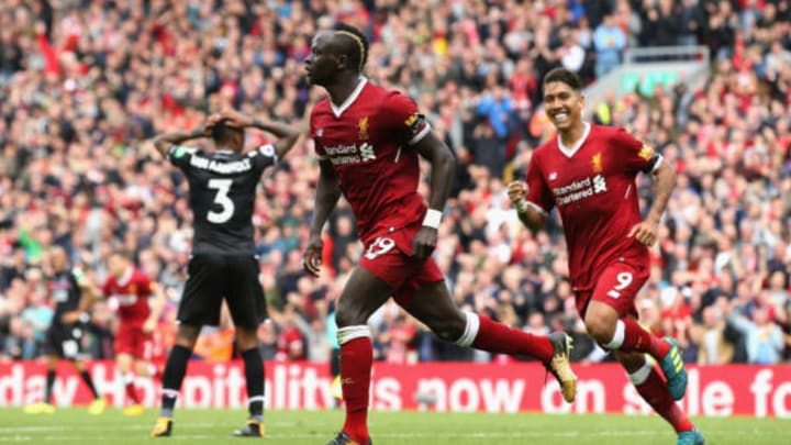 Sadio Mane of Liverpool celebrates scoring his sides first goal during the Premier League match. (Photo by Jan Kruger/Getty Images)