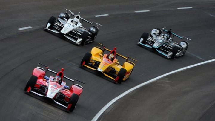 FORT WORTH, TX - JUNE 09: Marco Andretti, driver of the #27 Andretti Autosport Honda, leads Ryan Hunter-Reay, driver of the #28 DHL Andretti Autosport Honda, Simon Pagenaud, driver of the #1 DXC Technology Team Penske Chevrolet, and Josef Newgarden, driver of the #2 hum by Verizon Team Penske Chevrolet, during practice for the Verizon IndyCar Series Rainguard Water Sealers 600 at Texas Motor Speedway on June 9, 2017 in Fort Worth, Texas. (Photo by Robert Laberge/Getty Images)