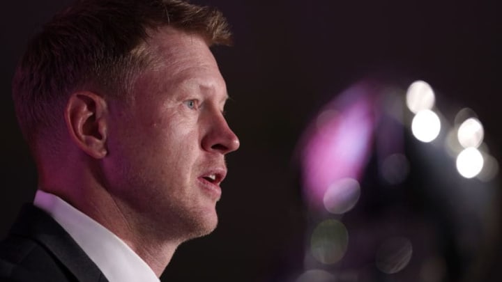 CHICAGO, IL - JULY 18: University of Nebraska football head coach Scott Frost speaks to media members during the Big Ten Football Media Days event on July 18, 2019 at the Hilton Chicago in Chicago, IL. (Photo by Robin Alam/Icon Sportswire via Getty Images)