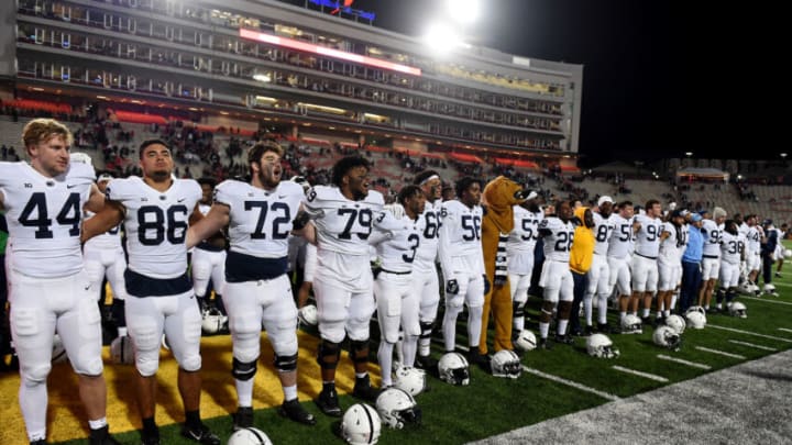 COLLEGE PARK, MARYLAND - NOVEMBER 06: The Penn State Nittany Lions celebrate after a victory against the Maryland Terrapins at Capital One Field at Maryland Stadium on November 06, 2021 in College Park, Maryland. (Photo by G Fiume/Getty Images)