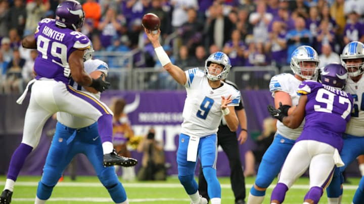 MINNEAPOLIS, MN - OCTOBER 1: Matthew Stafford #9 of the Detroit Lions passes the ball in the first quarter of the game against the Minnesota Vikings on October 1, 2017 at U.S. Bank Stadium in Minneapolis, Minnesota. (Photo by Adam Bettcher/Getty Images)