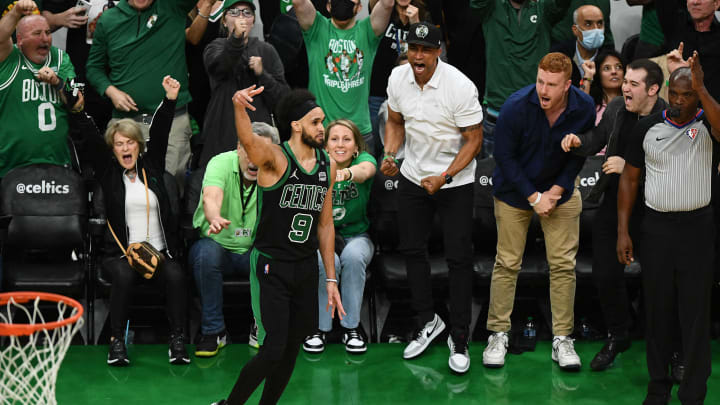 May 27, 2022; Boston, Massachusetts, USA; Boston Celtics guard Derrick White (9) reacts after scoring a three point basket against the Miami Heat during the second half in game six of the 2022 eastern conference finals at TD Garden. Mandatory Credit: Brian Fluharty-USA TODAY Sports