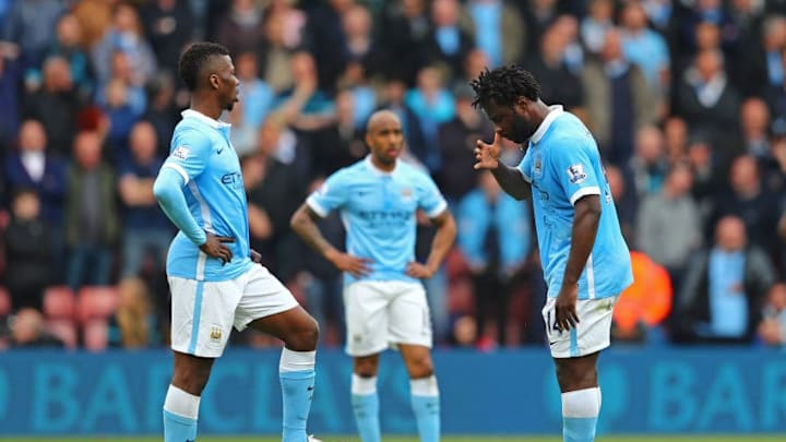SOUTHAMPTON, ENGLAND - MAY 01: Kelechi Iheanacho (L) and Wilfried Bony of Manchester City look dejected during the Barclays Premier League match between Southampton and Manchester City at St Mary's Stadium on May 1, 2016 in Southampton, England. (Photo by Clive Rose/Getty Images)