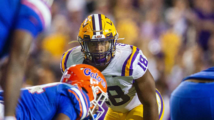 BATON ROUGE, LA - OCTOBER 12: LSU Tigers linebacker K'Lavon Chaisson (18) lines up for a play during a game between the Florida Gators and the LSU Tigers at Tiger Stadium, in Baton Rouge, Louisiana on October 12, 2019. (Photo by John Korduner/Icon Sportswire via Getty Images)
