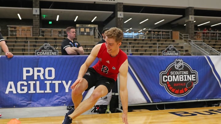 BUFFALO, NY – JUNE 1: Spencer Knight performs the pro agility test during the 2019 NHL Scouting Combine on June 1, 2019 at Harborcenter in Buffalo, New York. (Photo by Bill Wippert/NHLI via Getty Images)