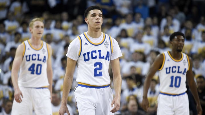 Feb 9, 2017; Los Angeles, CA, USA; UCLA Bruins guard Lonzo Ball (2) reacts during the first half against the Oregon Ducks at Pauley Pavilion. Mandatory Credit: Kelvin Kuo-USA TODAY Sports