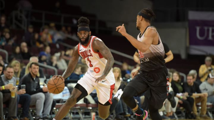 ERIE, PA - MARCH 22: JaKarr Sampson #1 of the Windy City Bulls drives against the defense of the Erie BayHawks at the Erie Insurance Arena on MARCH 22, 2019 in Erie, Pennsylvania. NOTE TO USER: User expressly acknowledges and agrees that, by downloading and/or using this Photograph, user is consenting to the terms and conditions of the Getty Images License Agreement. Mandatory Copyright Notice: Copyright 2019 NBAE (Photo by Robert Frank/NBAE via Getty Images)