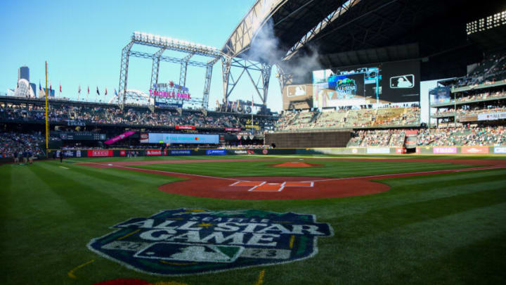 Jul 22, 2022; Seattle, Washington, USA; The logo of the 2023 All-Star Game which will take place in Seattle is painted behind home plate before the game between the Seattle Mariners and the Houston Astros at T-Mobile Park. Mandatory Credit: Lindsey Wasson-USA TODAY Sports