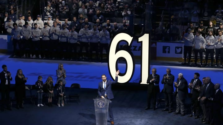 Mar 5, 2022; Columbus, Ohio, USA; Former Columbus Blue Jackets forward Rick Nash speaks during the retirement ceremony of his jersey before the game at Nationwide Arena. Mandatory Credit: Russell LaBounty-USA TODAY Sports