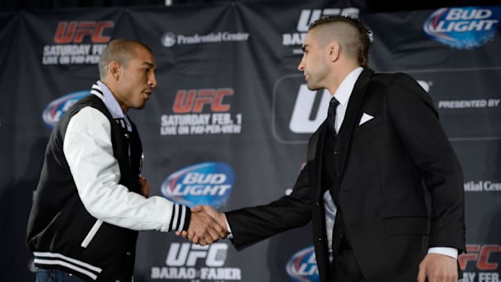 NEW YORK, NY - JANUARY 30: (L-R) UFC Featherweight Champion Jose Aldo and Ricardo Lamas shake hands for the media during the UFC 169 Ultimate Media Day at The Theater at Madison Square Garden on January 30, 2014 in New York City. (Photo by Jeff Bottari/Zuffa LLC/Zuffa LLC via Getty Images)