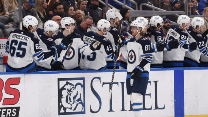 Jan 29, 2022; St. Louis, Missouri, USA; Winnipeg Jets left wing Kyle Connor (81) is congratulated after scoring a goal against the St. Louis Blues during the second period at Enterprise Center. Mandatory Credit: Joe Puetz-USA TODAY Sports
