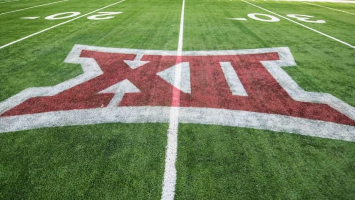 Oct 3, 2015; Arlington, TX, USA; A view of the Big 12 logo on the field after the game between the Baylor Bears and the Texas Tech Red Raiders at AT&T Stadium. The Bears defeat the Red Raiders 63-35. Mandatory Credit: Jerome Miron-USA TODAY Sports