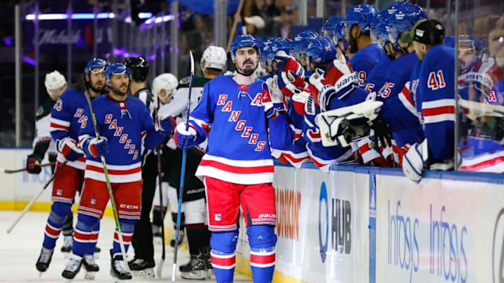 NEW YORK, NY - NOVEMBER 13: Chris Kreider #20 of the New York Rangers comes to the bench after scoring during the game against the Arizona Coyotes on November 13, 2022 at Madison Square Garden in New York, New York. (Photo by Rich Graessle/Getty Images)